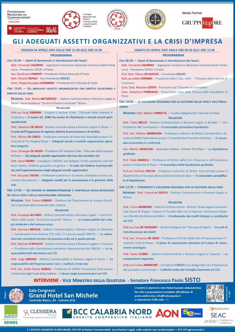 CETRARO. GLI ADEGUATI ASSETTI ORGANIZZATIVI E LA CRISI D’IMPRESA: UN EVENTO DI RIFERIMENTO A CETRARO. PRESENTE IL VICE MINISTRO DELLA GIUSTIZIA, SENATORE FRANCESCO PAOLO SISTO