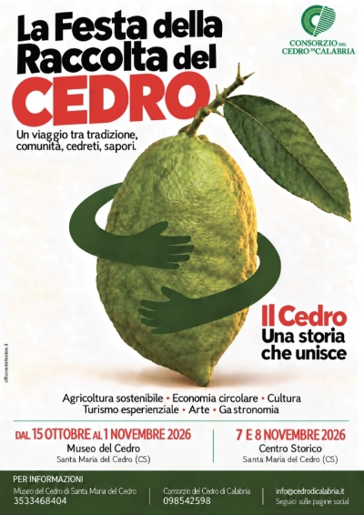 La Festa della Raccolta del Cedro torna a Santa Maria del Cedro  Dal 15 ottobre al Museo del Cedro un viaggio tra tradizione, territorio, cultura e sapori. Il 7 e 8 novembre la Festa approda nel Centro Storico di Santa Maria del Cedro