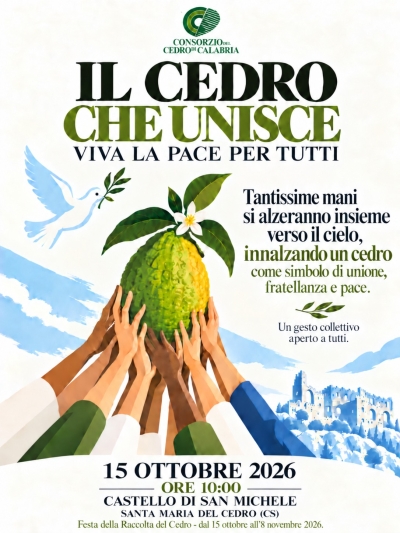 SANTA MARIA DEL CEDRO. “IL CEDRO CHE UNISCE, VIVA LA PACE PER TUTTI”   IL 15 OTTOBRE CENTINAIA DI MANI AL CIELO PER UN GRANDE MESSAGGIO DI PACE
