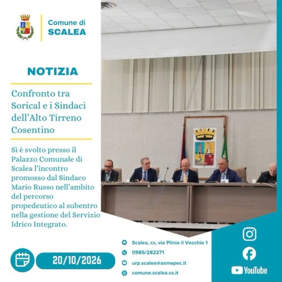 SCALEA. 𝐒𝐞𝐫𝐯𝐢𝐳𝐢𝐨 𝐈𝐝𝐫𝐢𝐜𝐨 𝐈𝐧𝐭𝐞𝐠𝐫𝐚𝐭𝐨, 𝐜𝐨𝐧𝐟𝐫𝐨𝐧𝐭𝐨 𝐚 𝐒𝐜𝐚𝐥𝐞𝐚 𝐭𝐫𝐚 𝐒𝐨𝐫𝐢𝐜𝐚𝐥 𝐞 𝐢 𝐬𝐢𝐧𝐝𝐚𝐜𝐢 𝐝𝐞𝐥𝐥'𝐀𝐥𝐭𝐨 𝐓𝐢𝐫𝐫𝐞𝐧𝐨 𝐂𝐨𝐬𝐞𝐧𝐭𝐢𝐧𝐨.